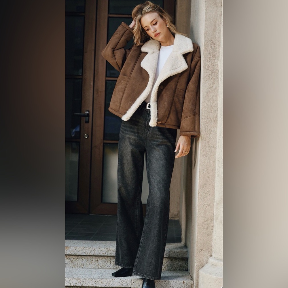 Commense Brown Teddy Shearling Jacket with Cream Trim